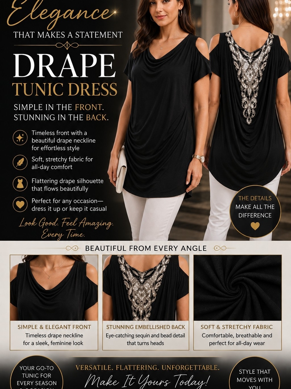 Deb Black Cold-Shoulder Drape Tunic with Embellished Back